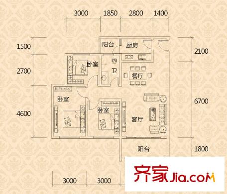 金橋新城一期5號(hào)樓4-5單元1、4號(hào)房標(biāo)準(zhǔn)層 3室2廳1衛(wèi)1廚