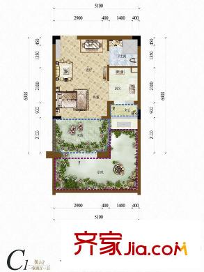 天籟谷國際旅游度假區(qū)一期MINI別墅2號樓負一層C1戶型 1室2廳1衛(wèi)1廚