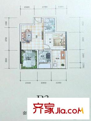 誠投天鄰水岸二期B棟標準層B3戶型 1室2廳1衛(wèi)1廚