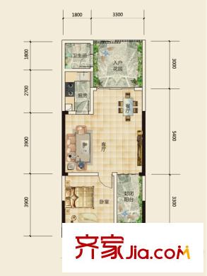 誠投天鄰水岸二期B棟標準層B4戶型 1室2廳1衛(wèi)1廚