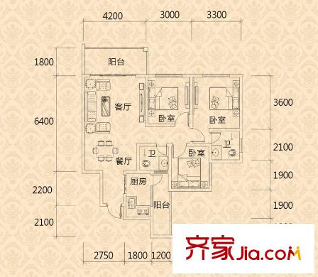 金橋新城一期3-4號(hào)樓2、3號(hào)房標(biāo)準(zhǔn)層 3室2廳2衛(wèi)1廚
