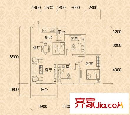金橋新城一期3-4號(hào)樓1、4號(hào)房標(biāo)準(zhǔn)層 3室2廳1衛(wèi)1廚