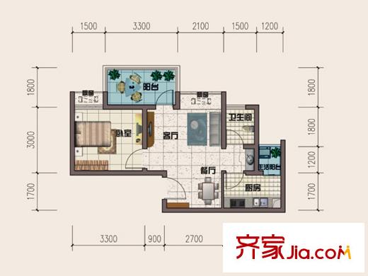 琳昌上上城一期3號樓標(biāo)準(zhǔn)層C2戶型 1室1廳1衛(wèi)1廚