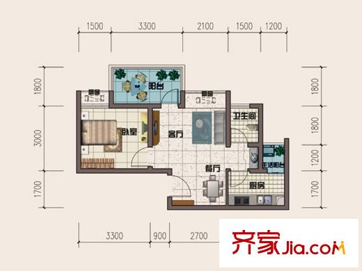 琳昌上上城一期2號樓標(biāo)準(zhǔn)層A2戶型 1室1廳1衛(wèi)1廚