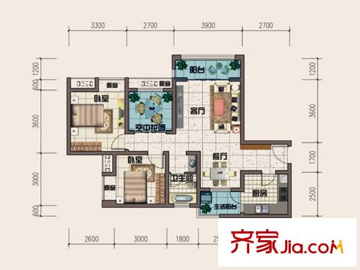 琳昌上上城一期1號樓標準層B3戶型 2室2廳1衛(wèi)1廚