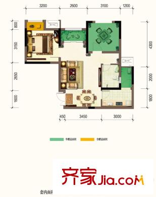 法藍(lán)西平方米邸楓丹里一期5號(hào)樓標(biāo)準(zhǔn)層B2戶(hù)型圖 2室2廳1衛(wèi)1廚