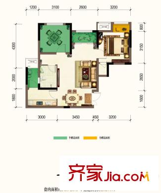 法藍(lán)西平方米邸楓丹里一期5號(hào)樓標(biāo)準(zhǔn)層B3戶(hù)型圖 2室2廳1衛(wèi)1廚