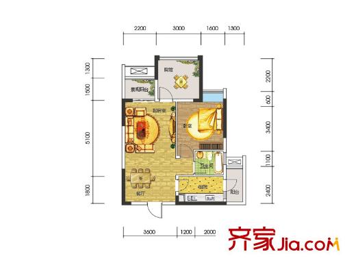 美麗澤京一期高層標(biāo)準(zhǔn)層A2戶型 1室2廳1衛(wèi)1廚