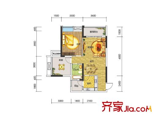 美麗澤京一期高層標(biāo)準(zhǔn)層A1戶型 1室2廳1衛(wèi)1廚
