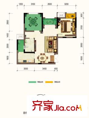 法藍(lán)西平方米邸楓丹里一期1-13棟標(biāo)準(zhǔn)層B2戶(hù)型 1室2廳1衛(wèi)1廚