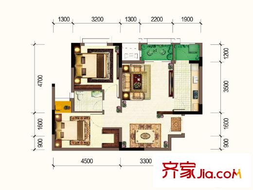 法藍(lán)西平方米邸楓丹里一期7-13號(hào)樓標(biāo)準(zhǔn)層A2戶(hù)型 2室2廳1衛(wèi)1廚