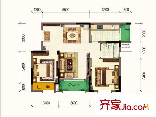 法藍(lán)西平方米邸楓丹里一期9-13號(hào)樓標(biāo)準(zhǔn)層A4戶(hù)型 2室2廳1衛(wèi)1廚