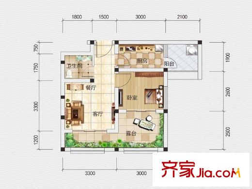 業(yè)嘉南山里一期房源2/6/7/8/9/10號樓C3戶型 1室2廳1衛(wèi)1廚