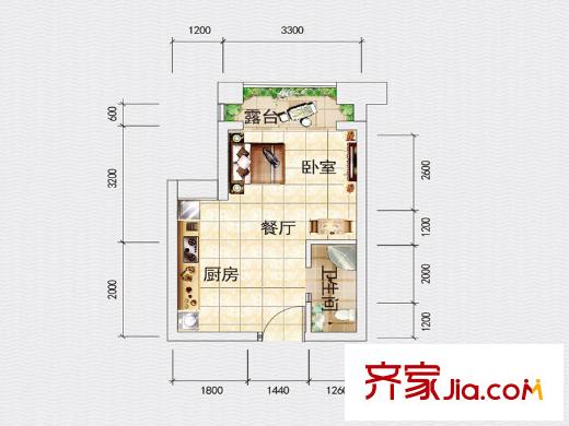 業(yè)嘉南山里一期房源2/6/7/8/9/10號樓B3戶型 1室1廳1衛(wèi)1廚