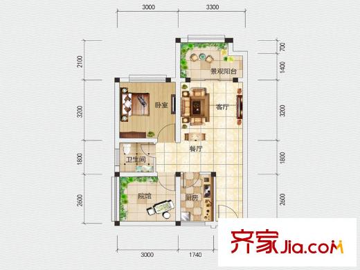 業(yè)嘉南山里一期房源1/2/6/7/8/9/10號樓A戶型 1室2廳1衛(wèi)1廚