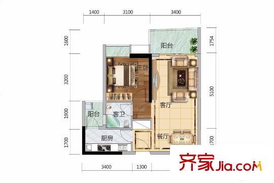 廣物?濱海國(guó)際一期6棟標(biāo)準(zhǔn)層B02、7棟標(biāo)準(zhǔn)層A02戶型 1室2廳1衛(wèi)1廚