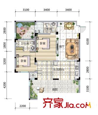隆鑫花漾的山谷三期一期8號樓標(biāo)準(zhǔn)層F3戶型 2室2廳2衛(wèi)1廚
