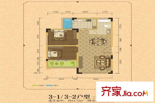 旗乾?君鼎壹號一期1號樓標(biāo)準(zhǔn)層3-1/3-2戶型 2室2廳1衛(wèi)1廚