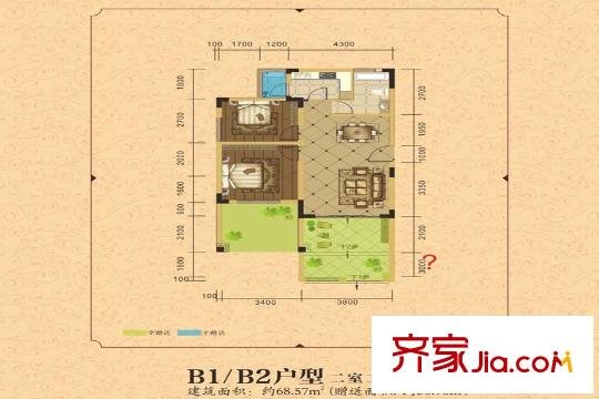 旗乾?君鼎壹號一期1號樓標(biāo)準(zhǔn)層B1/B2戶型 2室2廳1衛(wèi)1廚