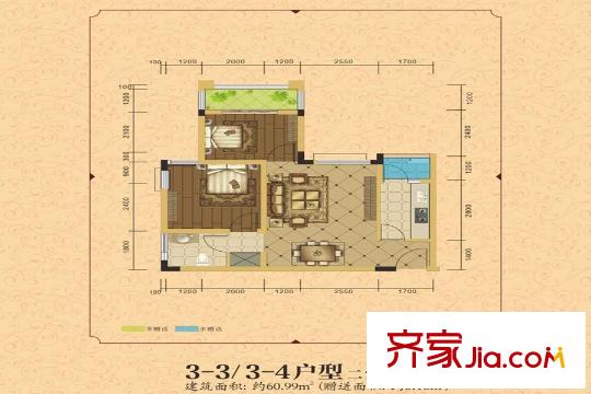 旗乾?君鼎壹號一期1號樓標(biāo)準(zhǔn)層3-3/3-4戶型 2室2廳1衛(wèi)1廚