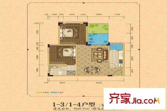 旗乾?君鼎壹號一期1號樓標(biāo)準(zhǔn)層1-3/1-4戶型 2室2廳1衛(wèi)1廚