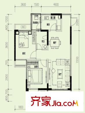 金悅灣一期1號(hào)樓標(biāo)準(zhǔn)層D戶型 2室2廳1衛(wèi)1廚