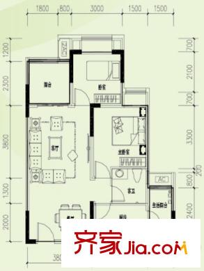 金悅灣一期1號(hào)樓標(biāo)準(zhǔn)層B戶型 2室2廳1衛(wèi)1廚