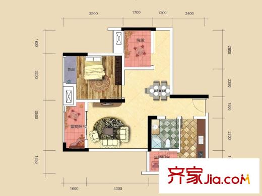 金科開州財(cái)富中心一期4號(hào)樓標(biāo)準(zhǔn)層D7戶型 1室2廳1衛(wèi)1廚