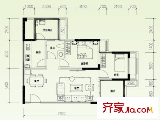 金悅灣一期1號(hào)樓標(biāo)準(zhǔn)層F戶型 2室2廳1衛(wèi)1廚