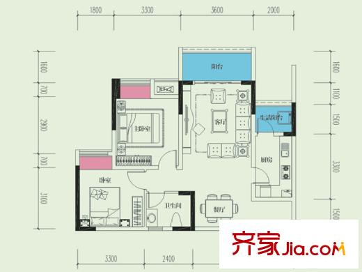 金悅灣2號(hào)樓標(biāo)準(zhǔn)層1、3號(hào)房D戶型圖 2室2廳1衛(wèi)1廚