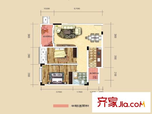 金科開州財(cái)富中心一期3號(hào)樓標(biāo)準(zhǔn)層C3戶型圖 2室2廳1衛(wèi)1廚