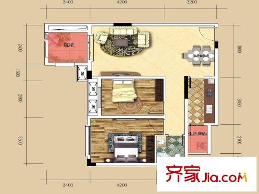 金科開(kāi)州財(cái)富中心一期2號(hào)樓標(biāo)準(zhǔn)層A-02戶型 2室2廳1衛(wèi)1廚
