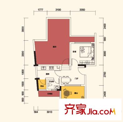 黑山1098一期1/12/18/23號樓標(biāo)準(zhǔn)層B3戶型 1室1廳1衛(wèi)1廚