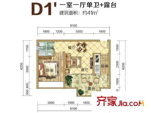 永緣格林波特一期洋房7號(hào)樓D1'戶型 1室1廳1衛(wèi)1廚
