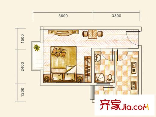 金佛美廬二期1號樓標(biāo)準(zhǔn)層G3戶型 1室1廳1衛(wèi)1廚