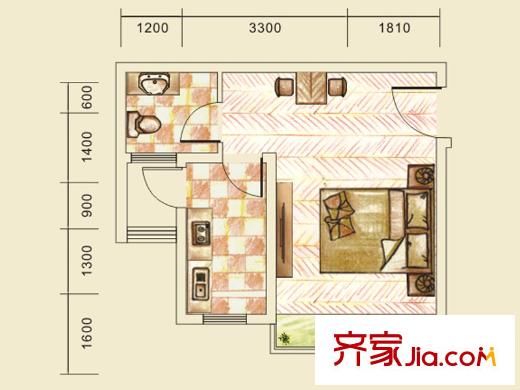 金佛美廬二期1號樓標(biāo)準(zhǔn)層G8戶型 1室1廳1衛(wèi)1廚