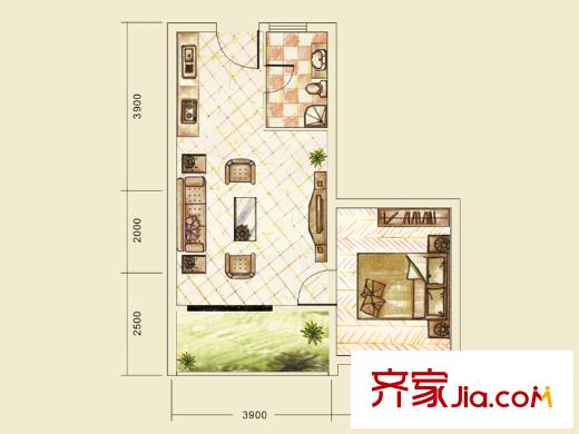 金佛美廬二期1號樓標準層A2戶型 1室1廳1衛(wèi)1廚