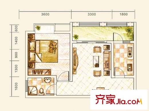 金佛美廬二期1號樓標(biāo)準(zhǔn)層G1戶型 1室1廳1衛(wèi)1廚
