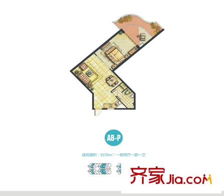 世茂?怒放海一期船長(zhǎng)公寓標(biāo)準(zhǔn)層AB-P戶型 1室2廳1衛(wèi)1廚
