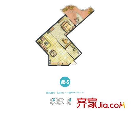 世茂?怒放海一期船長(zhǎng)公寓標(biāo)準(zhǔn)層AB-S戶型 1室2廳1衛(wèi)1廚
