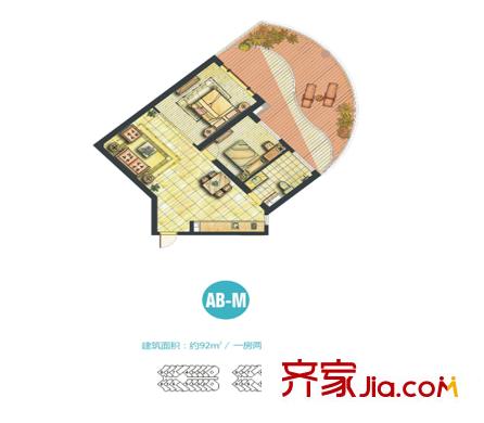 世茂?怒放海一期船長(zhǎng)公寓標(biāo)準(zhǔn)層AB-M戶型 1室2廳1衛(wèi)1廚