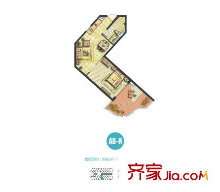 世茂?怒放海一期船長(zhǎng)公寓標(biāo)準(zhǔn)層AB-R戶型 1室2廳1衛(wèi)