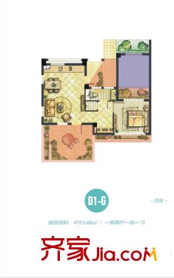世茂?怒放海一期海子洋房標(biāo)準(zhǔn)層D1-G戶型 1室2廳1衛(wèi)1廚