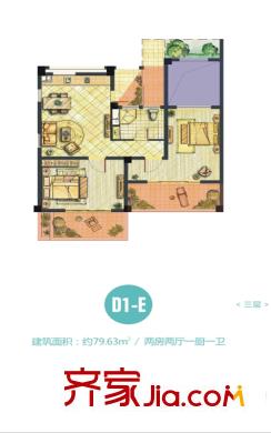 世茂?怒放海一期海子洋房標(biāo)準(zhǔn)層D1-E戶型 1室2廳1衛(wèi)1廚
