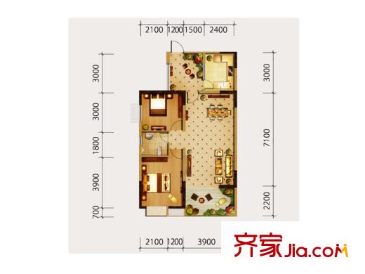 金域都會1期3棟標準層A1戶型 2室2廳1衛(wèi)1廚