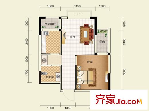 金域都會一期2棟標準層C-2戶型 1室1廳1衛(wèi)1廚