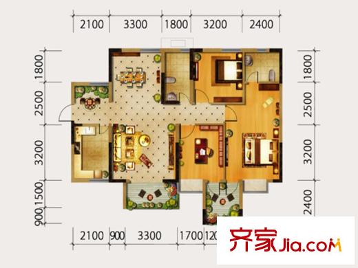 金域都會1期3棟標準層A2戶型 3室2廳2衛(wèi)1廚
