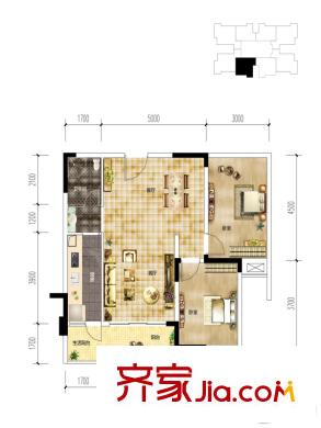 康德中央大街一期標準層A3戶型 3室2廳2衛(wèi)1廚