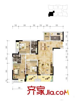 康德中央大街一期標準層B4戶型 3室2廳2衛(wèi)1廚