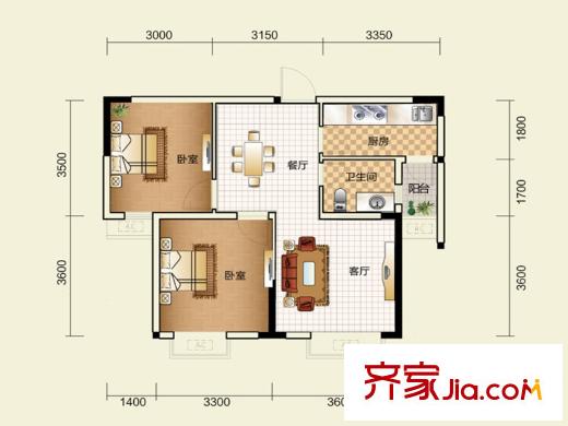 金域都會一期2棟標準層C-3戶型 2室2廳1衛(wèi)1廚